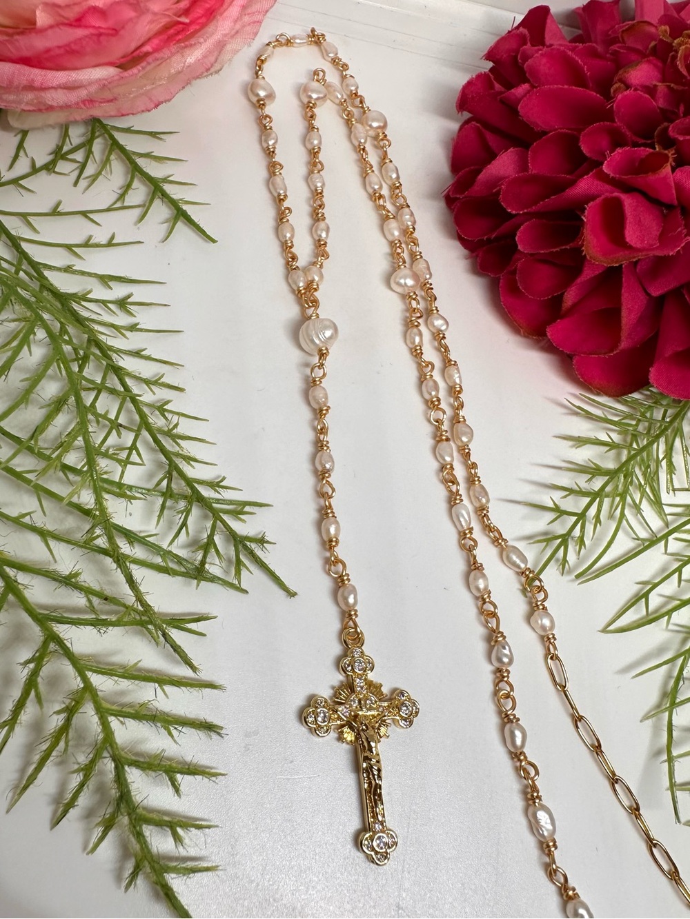 NEW ⚜️ Freshwater Pearl Handmade Rosary Necklace - Picture 2 of 8